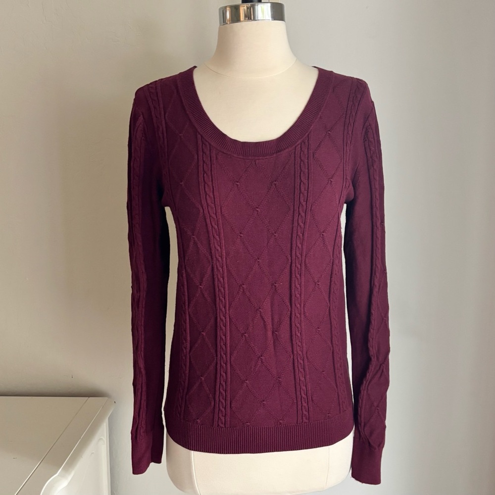 Banana Republic Fitted Scoop Neck Cable Knit Long Sleeve Pullover, Wine, Sz S